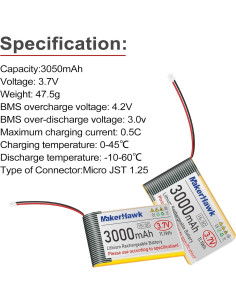 Batería LiPo 3.7V 3000mAh MakerHawk 1S 103665 - Paquete de 2 2