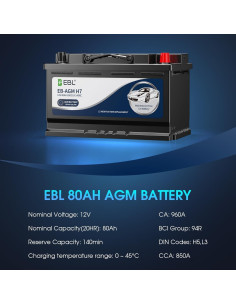 Batería de Automóvil EBL AGM 12V 80Ah Grupo 94 H7 2