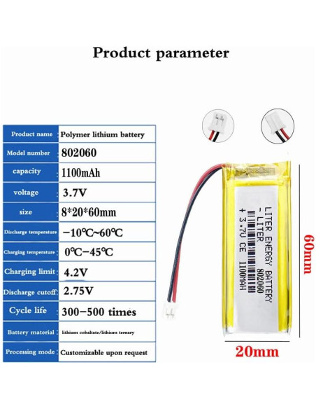 Batería de polímero de litio 3.7V 1100mAh BIHUADE 802060