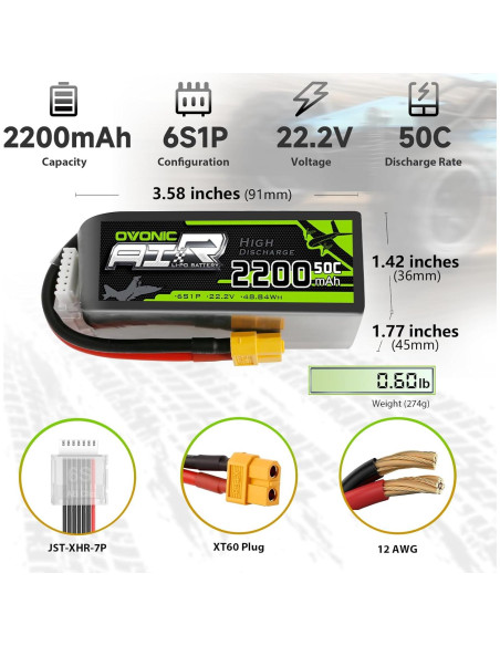 Batería Lipo OVONIC 6S 22.2V 2200mAh 50C XT60 - Paquete de 2
