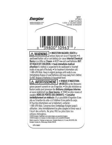 Batería de botón Energizer 377 de óxido de plata, 2 unidades