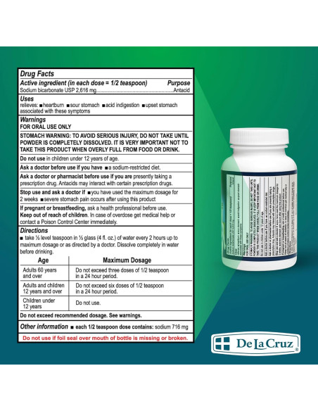 Bicarbonato de Sodio Puro De La Cruz 113.4 g - Antiácido Natural