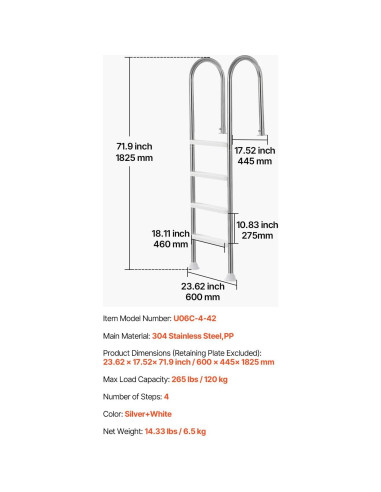 Escalera de piscina VEVOR 4 pasos acero inoxidable 120 kg