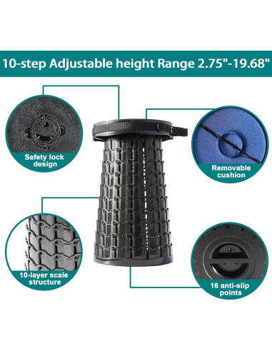 Taburete Plegable ALEVMOOM 2024 Negro Ajustable 50cm 1000lbs