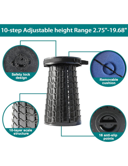 Taburete Plegable ALEVMOOM 2024 Negro Ajustable 50cm 1000lbs