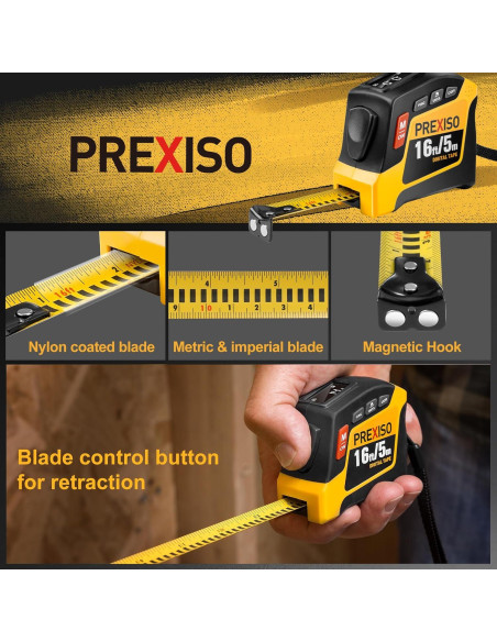 Cinta Métrica Digital 2-en-1 PREXISO 4.88m y Nivel Láser 360