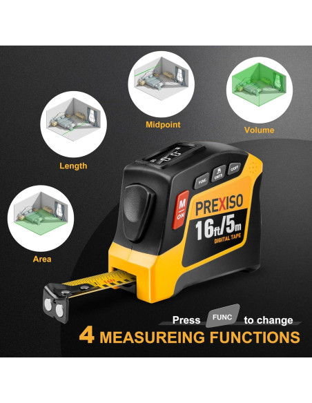 Cinta Métrica Digital 2-en-1 PREXISO 4.88m y Nivel Láser 360