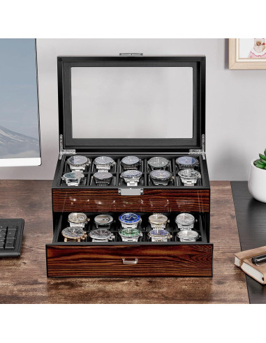 Caja de Reloj BEWISHOME 20 Compartimentos Madera Marrón