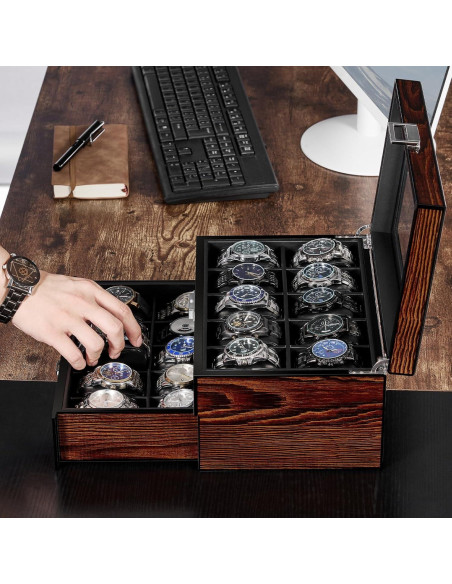 Caja de Reloj BEWISHOME 20 Compartimentos Madera Marrón