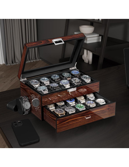 Caja de Reloj BEWISHOME 20 Compartimentos Madera Marrón