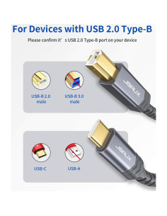 Cable de Impresora USB C a USB B JSAUX 3m Trenzado Nylon Gris 2