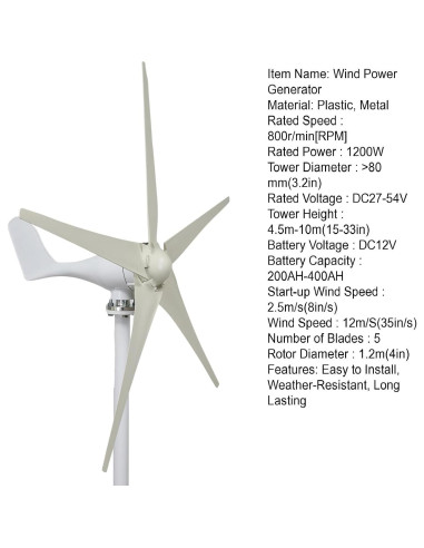 Generador Eólico Awjaisca 1200W 5 Palas Bajo Ruido 2.5m/s