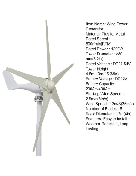 Generador Eólico Awjaisca 1200W 5 Palas Bajo Ruido 2.5m/s