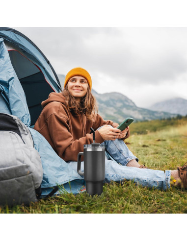 Taza Aislada Oggi 40 oz Acero Inoxidable Negro con Asa y Popote