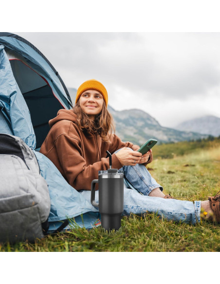 Taza Aislada Oggi 40 oz Acero Inoxidable Negro con Asa y Popote