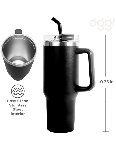 Taza Aislada Oggi 40 oz Acero Inoxidable Negro con Asa y Popote