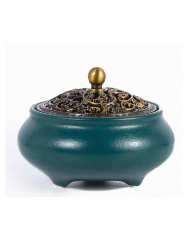 Quemador de Incienso SIKZU Cerámica Verde con Tapa de Metal