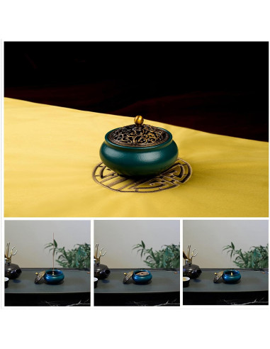 Quemador de Incienso SIKZU Cerámica Verde con Tapa de Metal