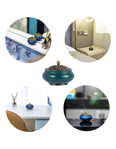 Quemador de Incienso SIKZU Cerámica Verde con Tapa de Metal