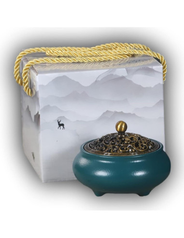 Quemador de Incienso SIKZU Cerámica Verde con Tapa de Metal