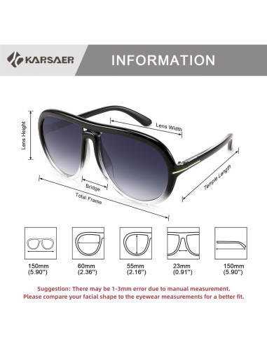 Gafas de sol aviador Karsaer unisex retro 55mm UV400