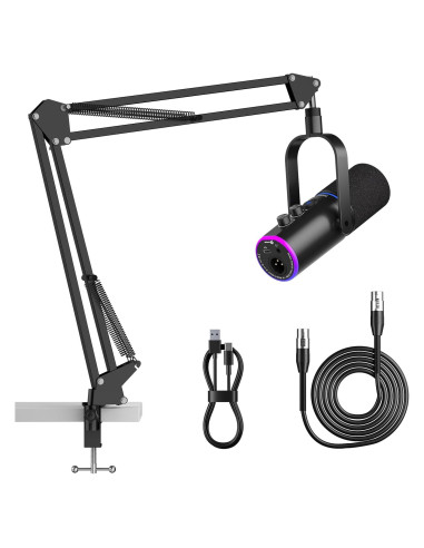 Micrófono Dinámico USB/XLR para Podcast con Soporte de Brazo