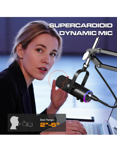 Micrófono Dinámico USB/XLR para Podcast con Soporte de Brazo