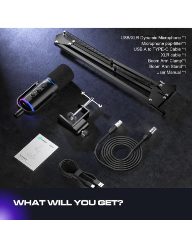 Micrófono Dinámico USB/XLR para Podcast con Soporte de Brazo
