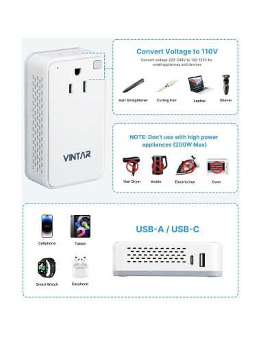 Convertidor de Voltaje VINTAR 220V a 110V 200W para Viajes