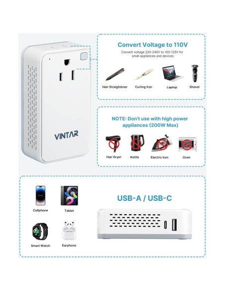 Convertidor de Voltaje VINTAR 220V a 110V 200W para Viajes