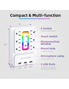 Extensor de Enchufe AICODE 6 Salidas CA y 3 USB 3.2A 2