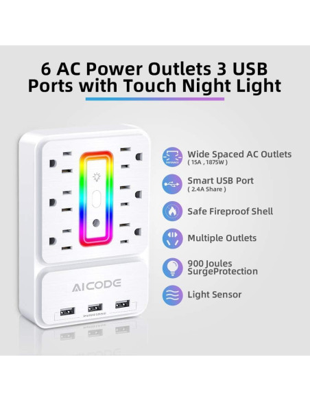 Extensor de Enchufe AICODE 6 Salidas CA y 3 USB 3.2A