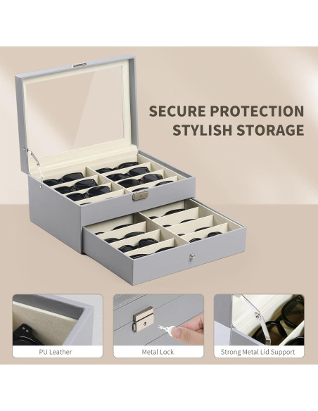 Caja de Almacenamiento AUTOARK para 16 Gafas de Cuero Gris Caja de Almacenamiento AUTOARK para 16 Gafas de Cuero Gris