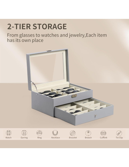 Caja de Almacenamiento AUTOARK para 16 Gafas de Cuero Gris Caja de Almacenamiento AUTOARK para 16 Gafas de Cuero Gris