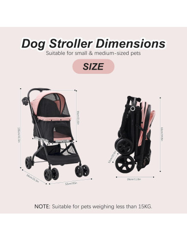 Carrito para Mascotas Romiromi Plegable Rosa 4 Ruedas 15 kg