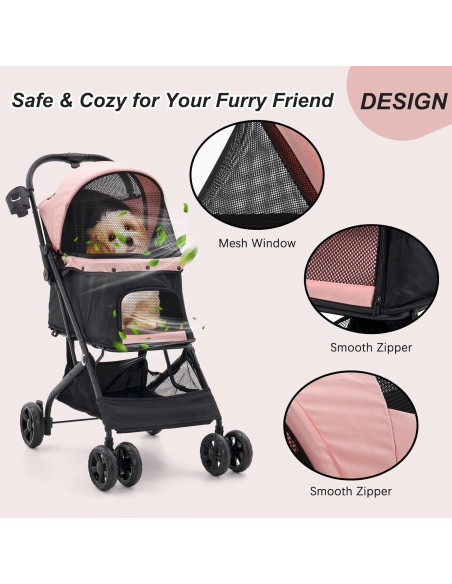 Carrito para Mascotas Romiromi Plegable Rosa 4 Ruedas 15 kg