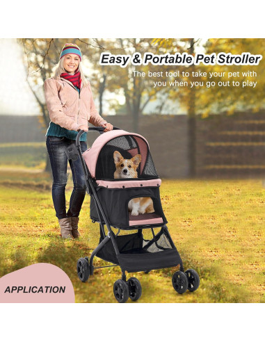 Carrito para Mascotas Romiromi Plegable Rosa 4 Ruedas 15 kg