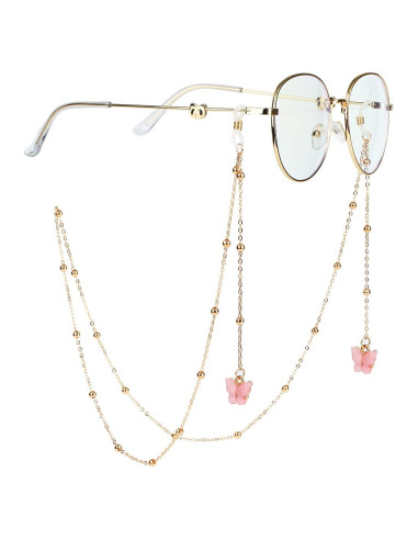 Cadena de Gafas Rosa con Mariposa y Perlas Doradas