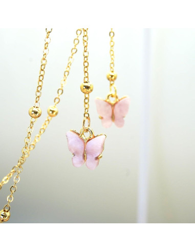 Cadena de Gafas Rosa con Mariposa y Perlas Doradas