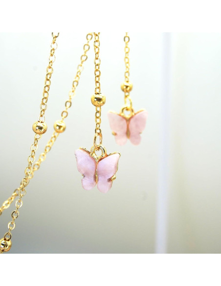 Cadena de Gafas Rosa con Mariposa y Perlas Doradas