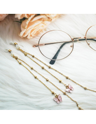 Cadena de Gafas Rosa con Mariposa y Perlas Doradas