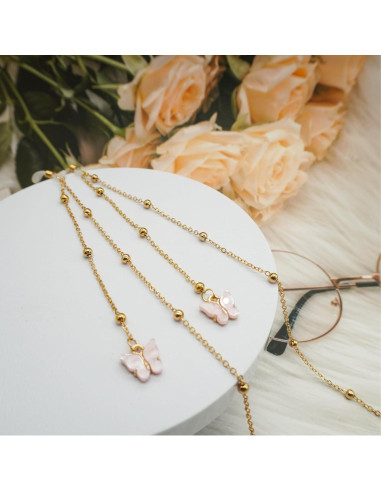 Cadena de Gafas Rosa con Mariposa y Perlas Doradas