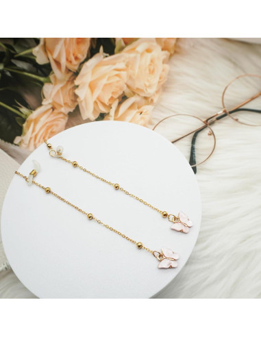 Cadena de Gafas Rosa con Mariposa y Perlas Doradas