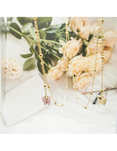 Cadena de Gafas Rosa con Mariposa y Perlas Doradas