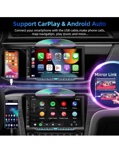 Estéreo de coche Focarado 7" Doble Din con CarPlay y Android Auto