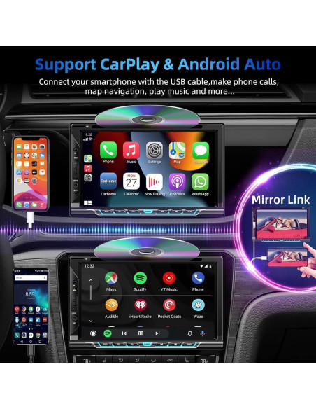 Estéreo de coche Focarado 7" Doble Din con CarPlay y Android Auto