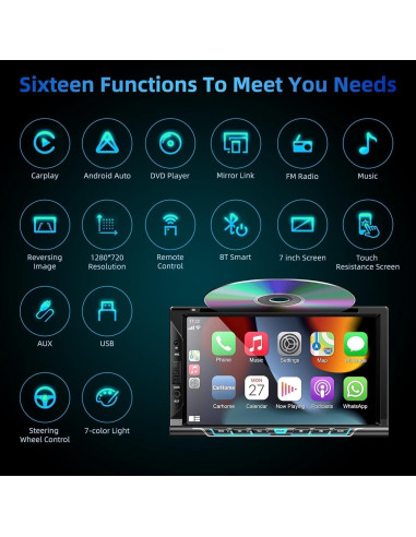 Estéreo de coche Focarado 7" Doble Din con CarPlay y Android Auto