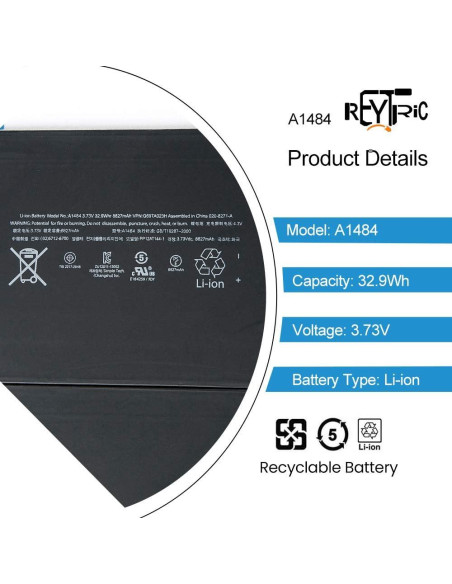 Batería de Reemplazo REYTRIC A1484 para iPad 5 y Air 3.73V 8827mAh