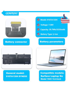 Batería de Reemplazo CENIFENX 916TA135H para Microsoft Surface Laptop Go 12.4" (5235mAh, 7.58V) 2