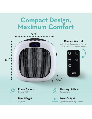 Calentador de Espacio Montaje en Pared Good Housekeeping 750W Blanco